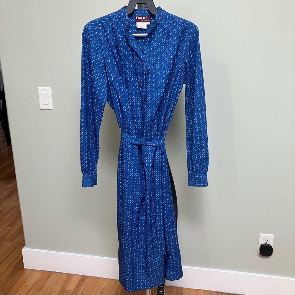 Vintage Raoul Elegant Patterned Blue Women's Dress - Picture 9 of 11